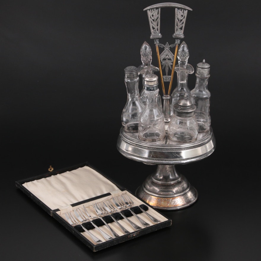 English Silver Plate Pastry Fork Set and Meridan Condiment Caddy with Inserts