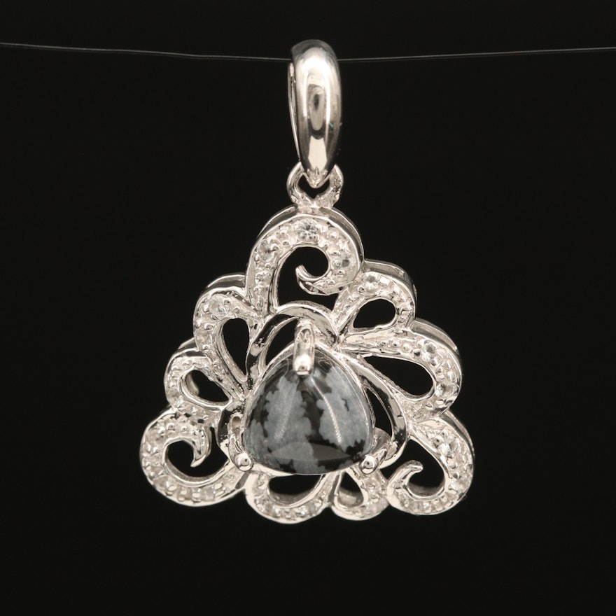 Sterling Pendant Set with Snowflake Obsidian Surrounded by Topaz Accents