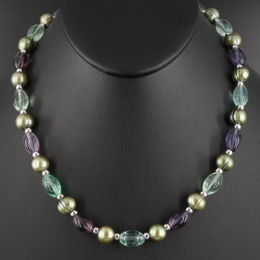 Sterling Pearl and Fluorite Beaded Necklace