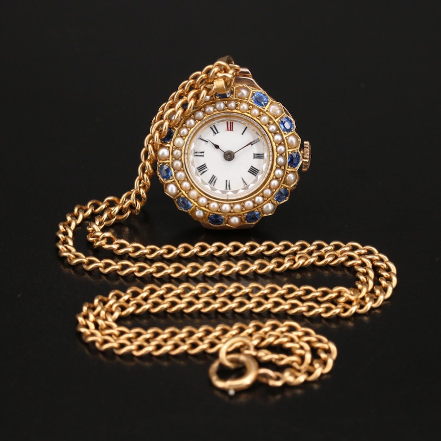 9K Sapphire and Pearl Pendant Timepiece on 14K Chain