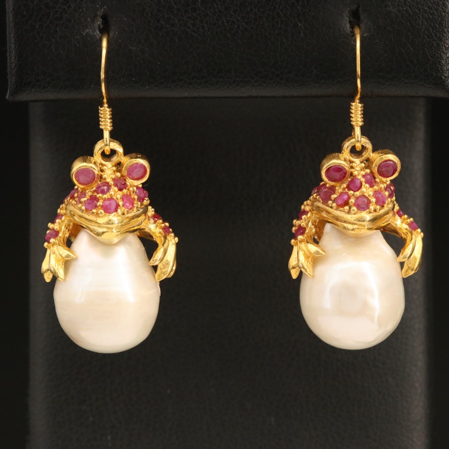 Sterling Pearl and Ruby Toad Earrings