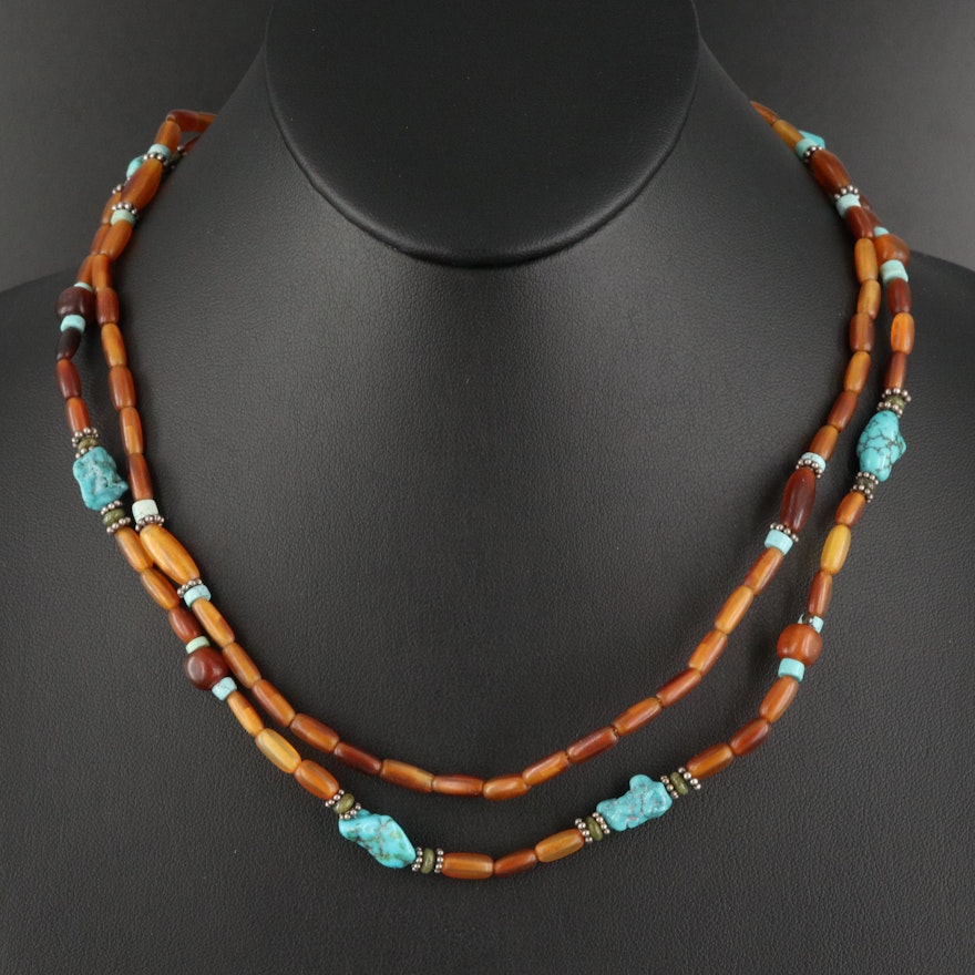 Sterling Turquoise and Resin Beaded Double Strand Necklace