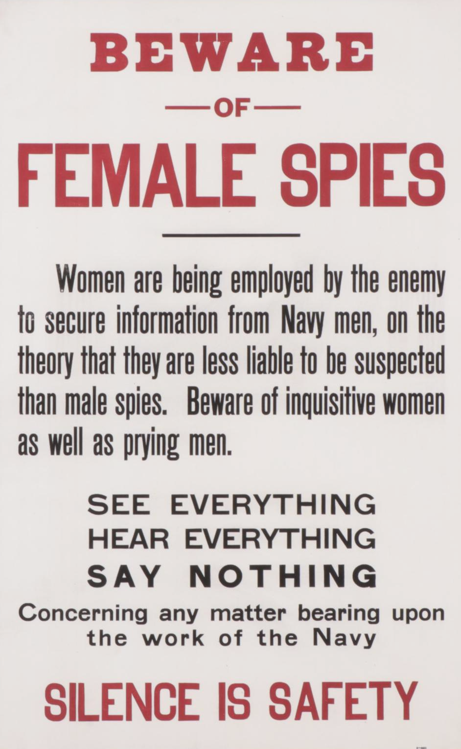 Giclée After Wartime Propaganda Poster "Beware of Female Spies," 21st Century