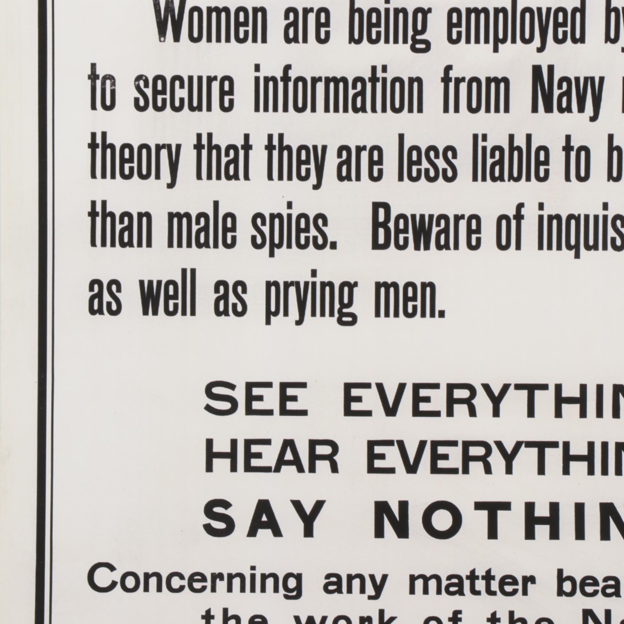 Giclée After Wartime Propaganda Poster "Beware of Female Spies," 21st Century