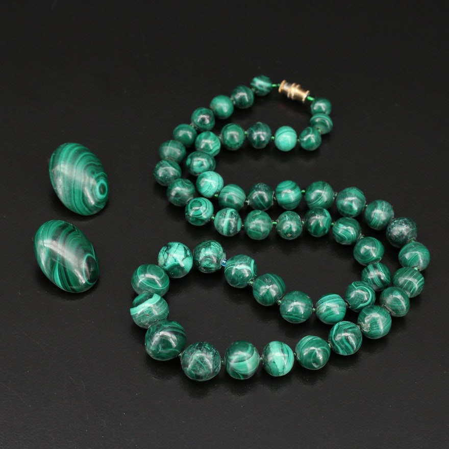 Malachite Beaded Necklace and Clip Earring Set