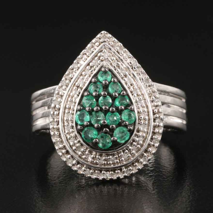 Sterling Emerald and Diamond Teardrop Ring