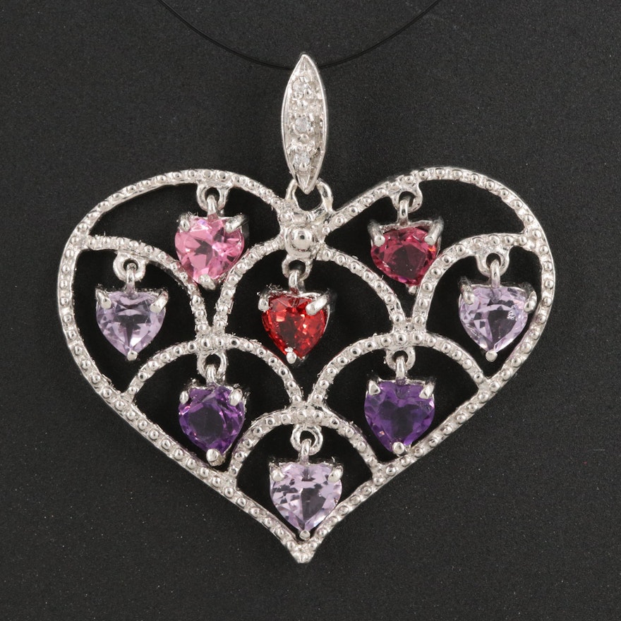 Sterling Openwork Heart Pendant with Amethyst, Sapphire and Garnet