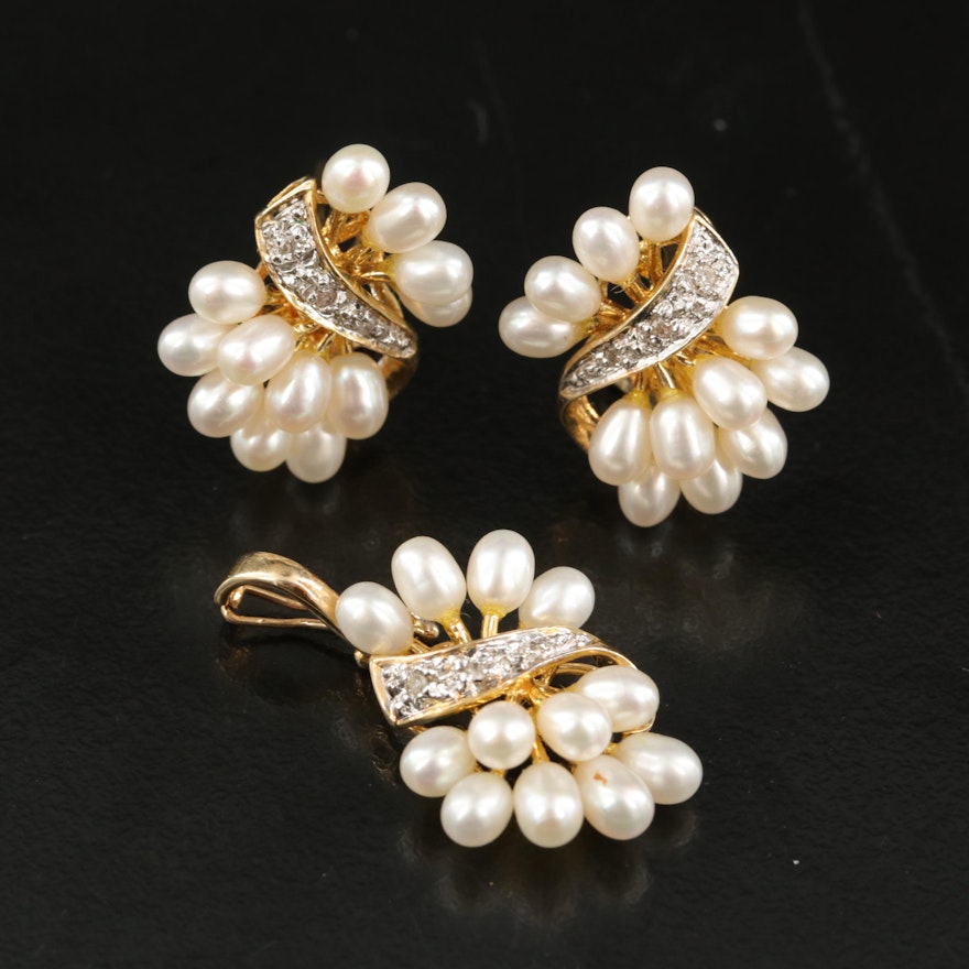 14K Pearl and Diamond Earrings and Enhancer Pendant