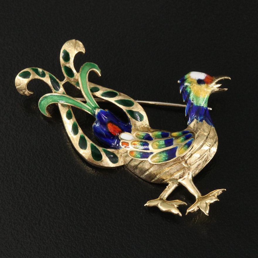 Vintage Italian 18K Champlevé Enamel Bird Brooch