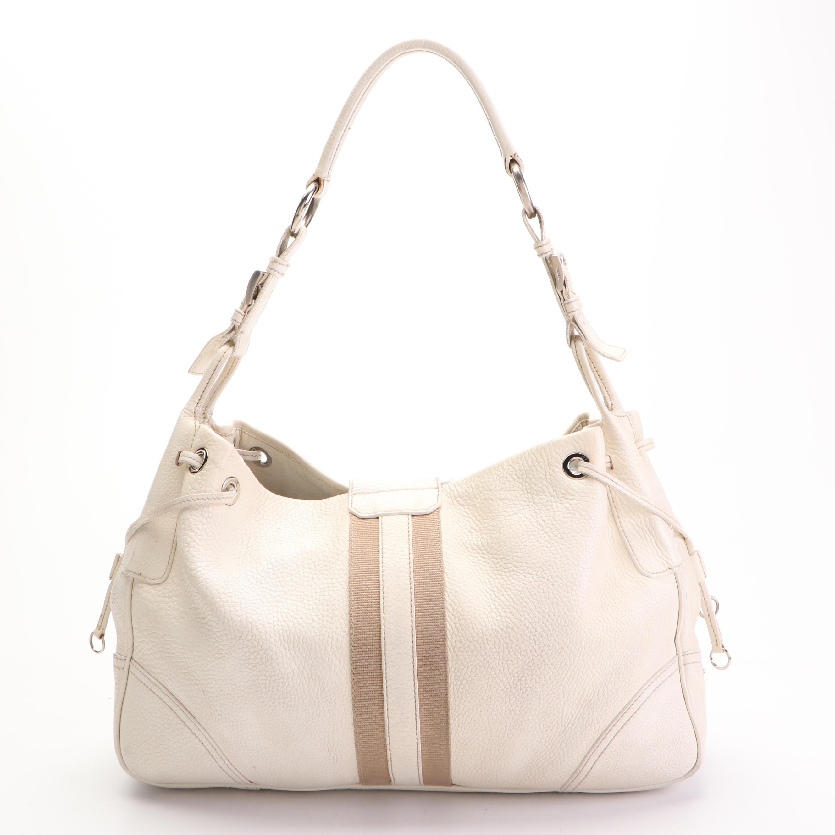 Prada Shoulder Bag in White Vitello Daino Leather with Grosgrain Webbing Detail