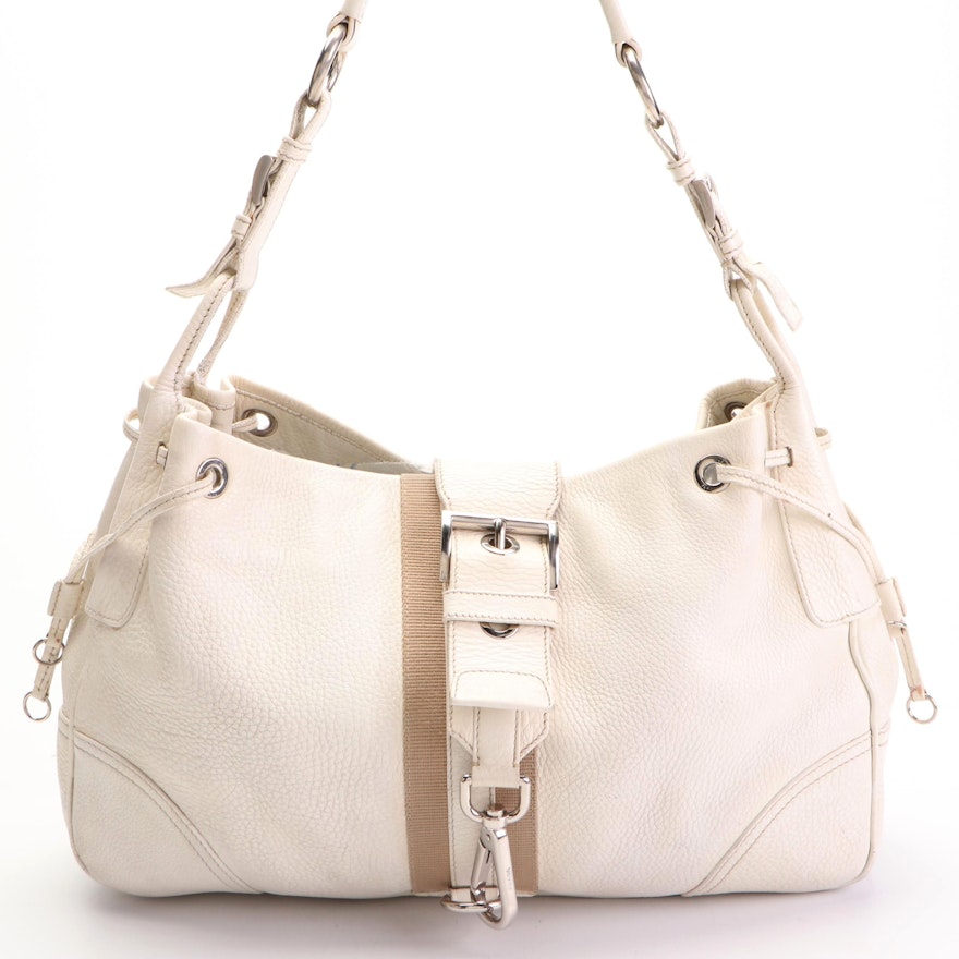 Prada Shoulder Bag in White Vitello Daino Leather with Grosgrain Webbing Detail