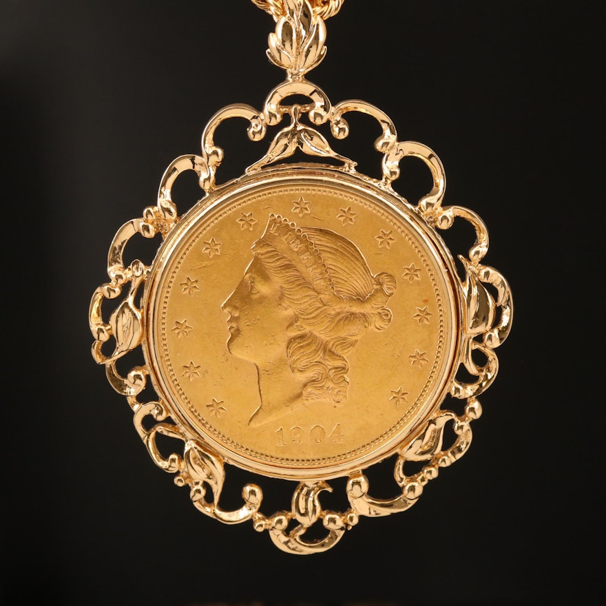 1904 $20 Double Eagle Gold Coin in 14K Bezel on 18K Chain