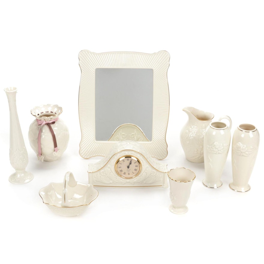 Lenox Bone China Mantel Clock, Blackberry Pitcher, Vases, Mirror, and More