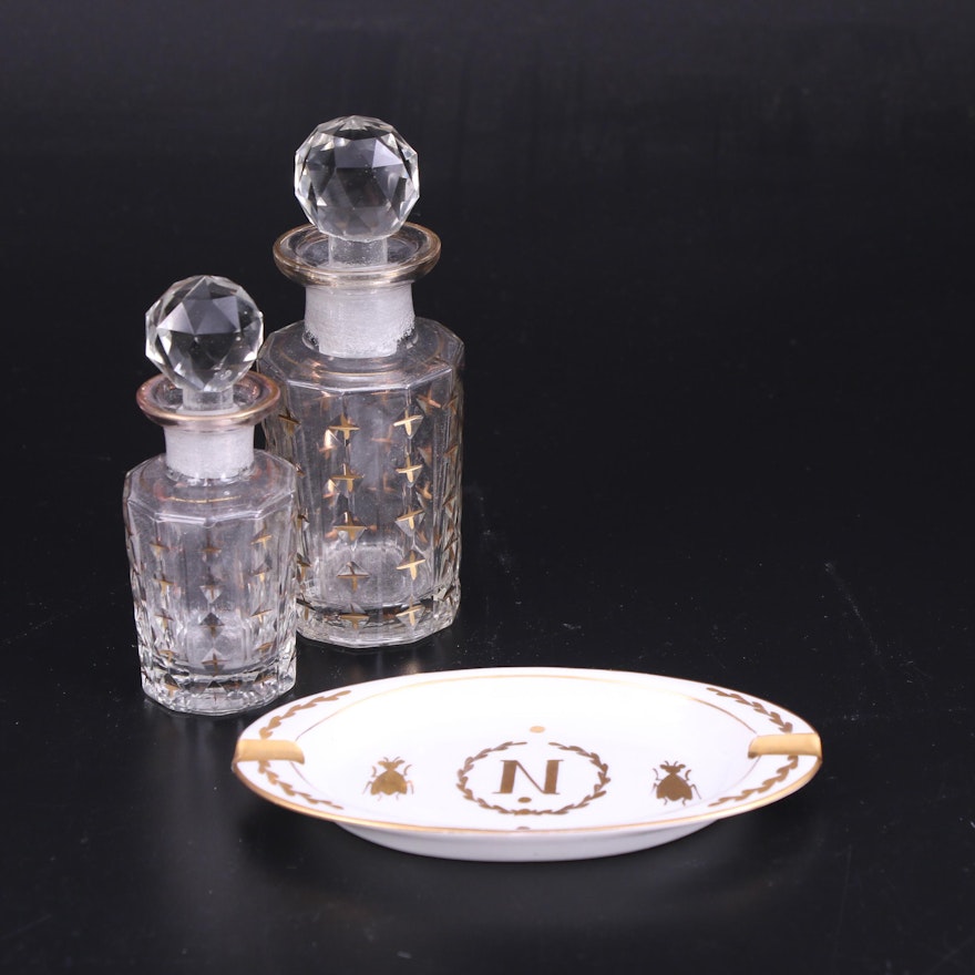 Limoges Napoleonic Bee Ash Tray with Gilt Etched Glass Vanity Bottles