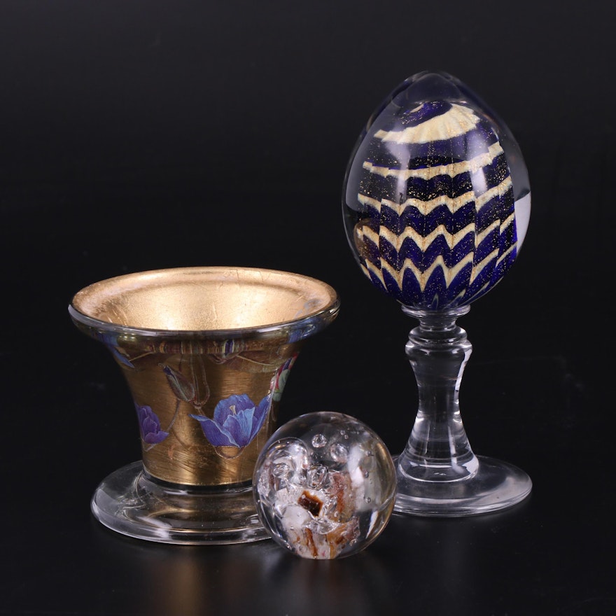 Artisan Foil Glass Planter Bowl, with Egg on Pedestal and Orb Paperweights