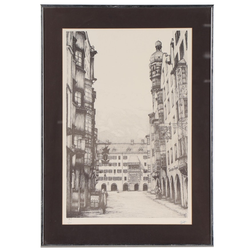 Lithograph of City Streetscape, Mid-Late 20th Century