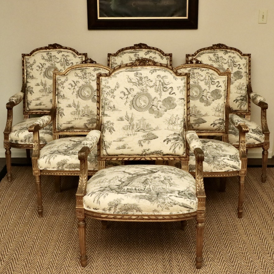 Louis XVI Style Giltwood and Toile Fabric Dining Chairs, Late 19th/Early 20th C.