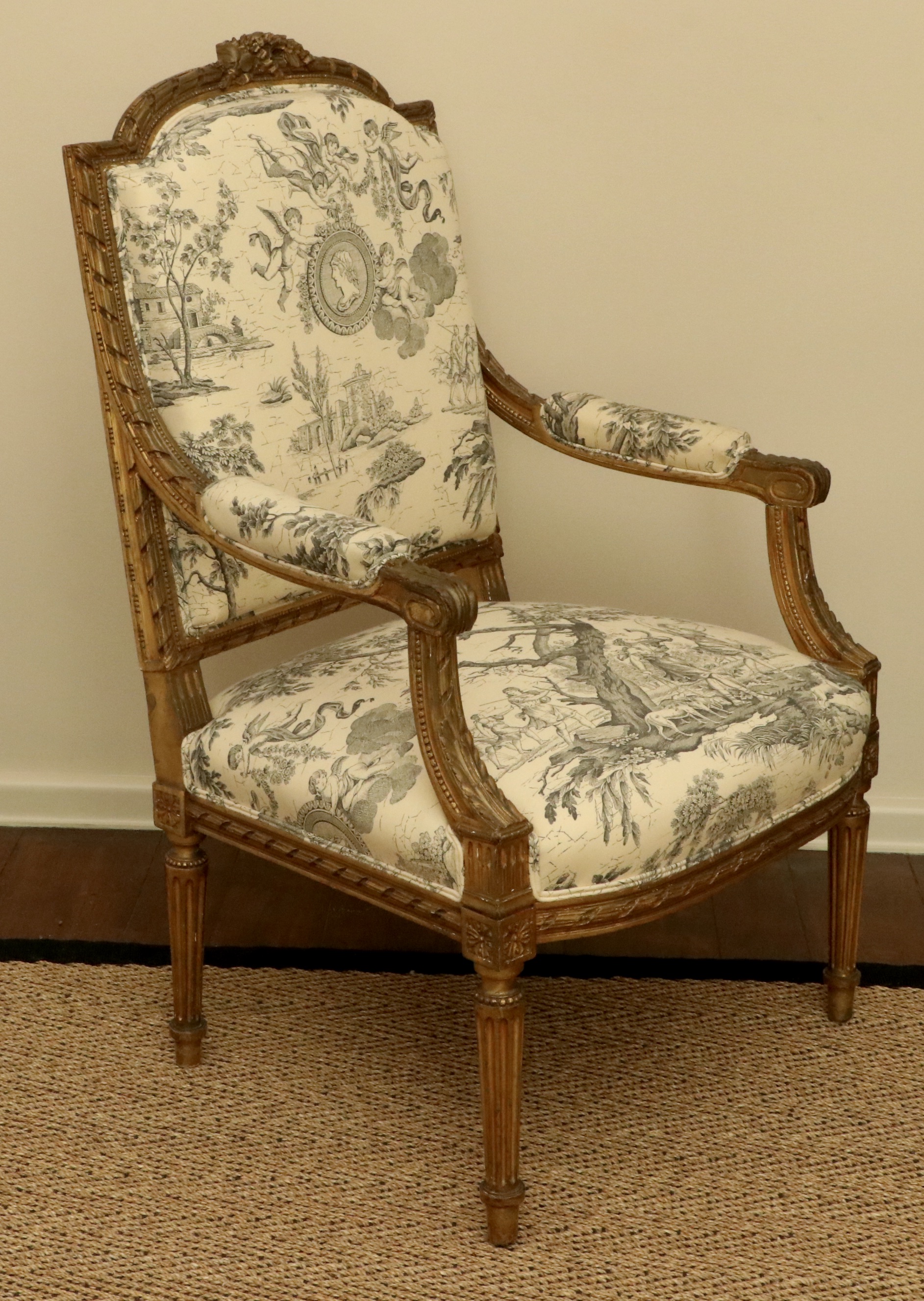 Louis XVI Style Giltwood and Toile Fabric Dining Chairs, Late 19th/Early 20th C.