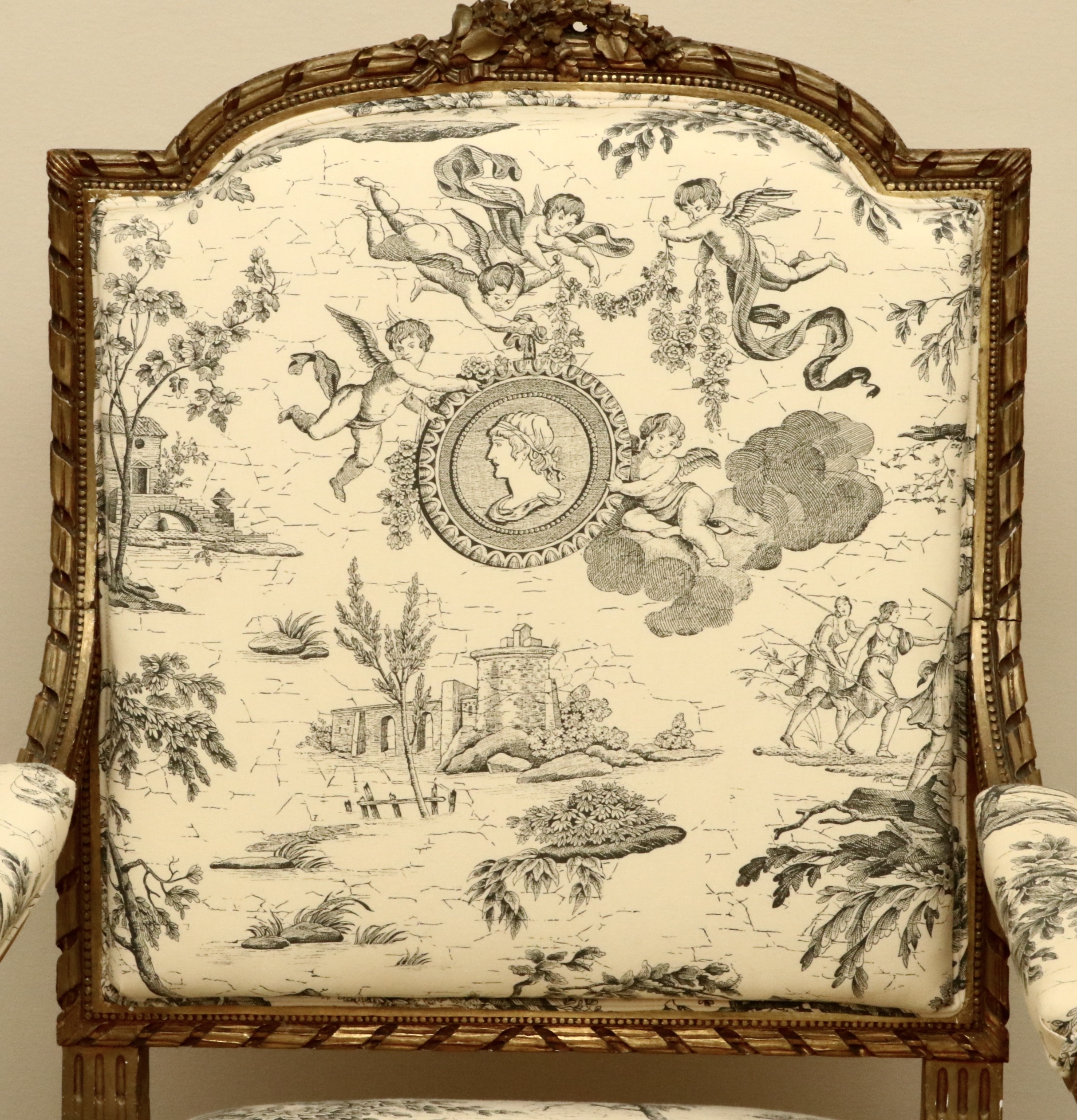 Louis XVI Style Giltwood and Toile Fabric Dining Chairs, Late 19th/Early 20th C.