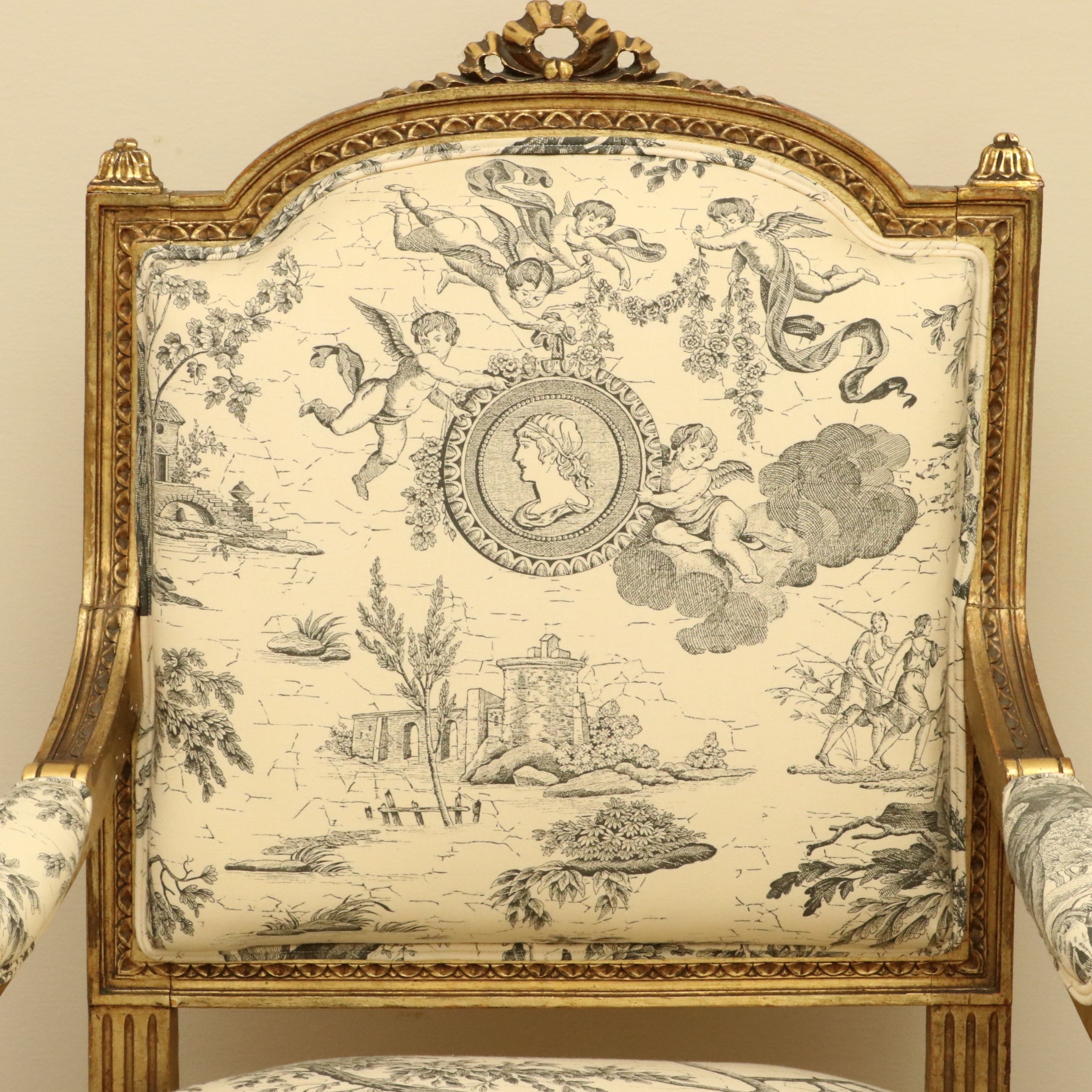 Louis XVI Style Giltwood and Toile Fabric Dining Chairs, Late 19th/Early 20th C.