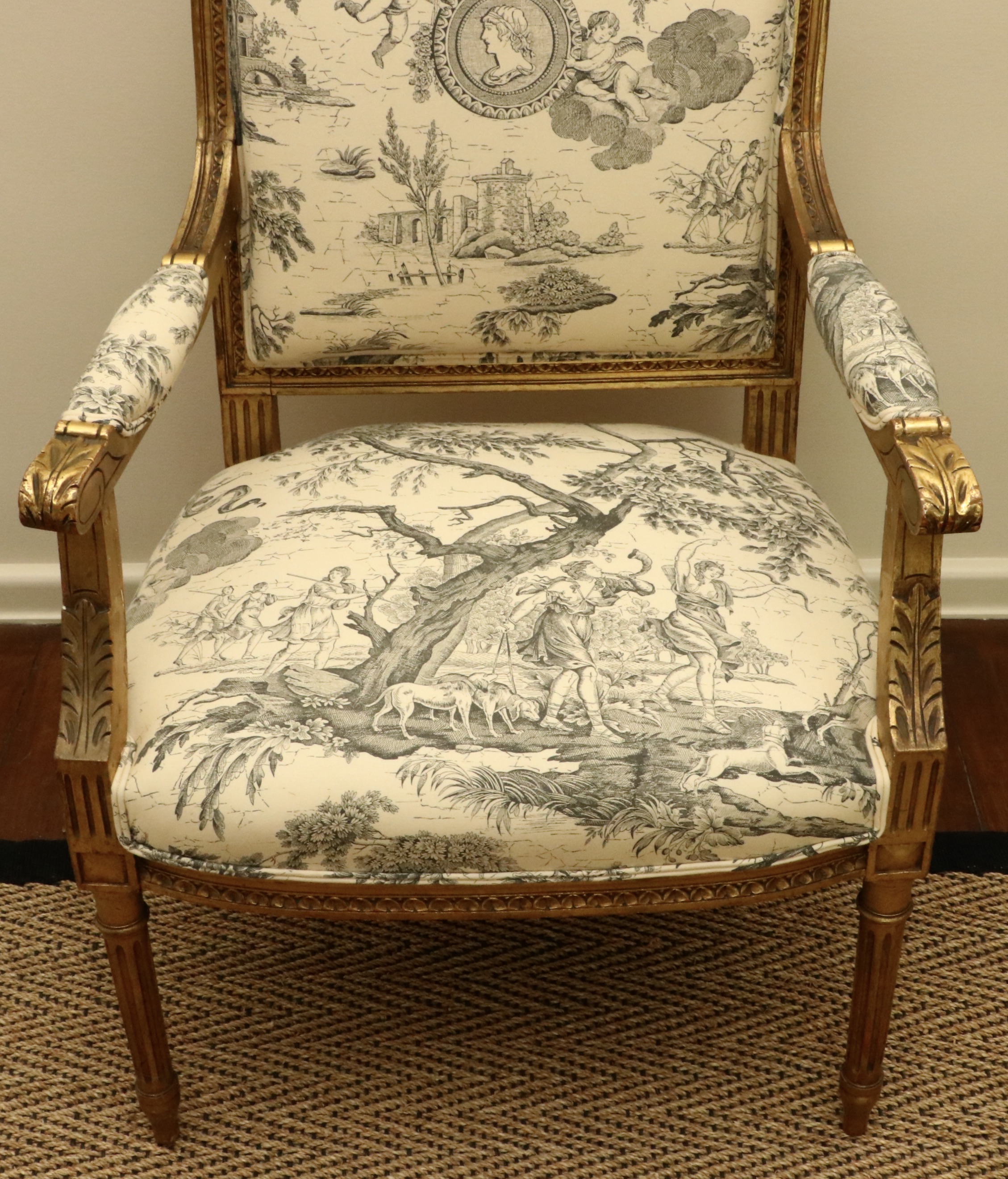 Louis XVI Style Giltwood and Toile Fabric Dining Chairs, Late 19th/Early 20th C.