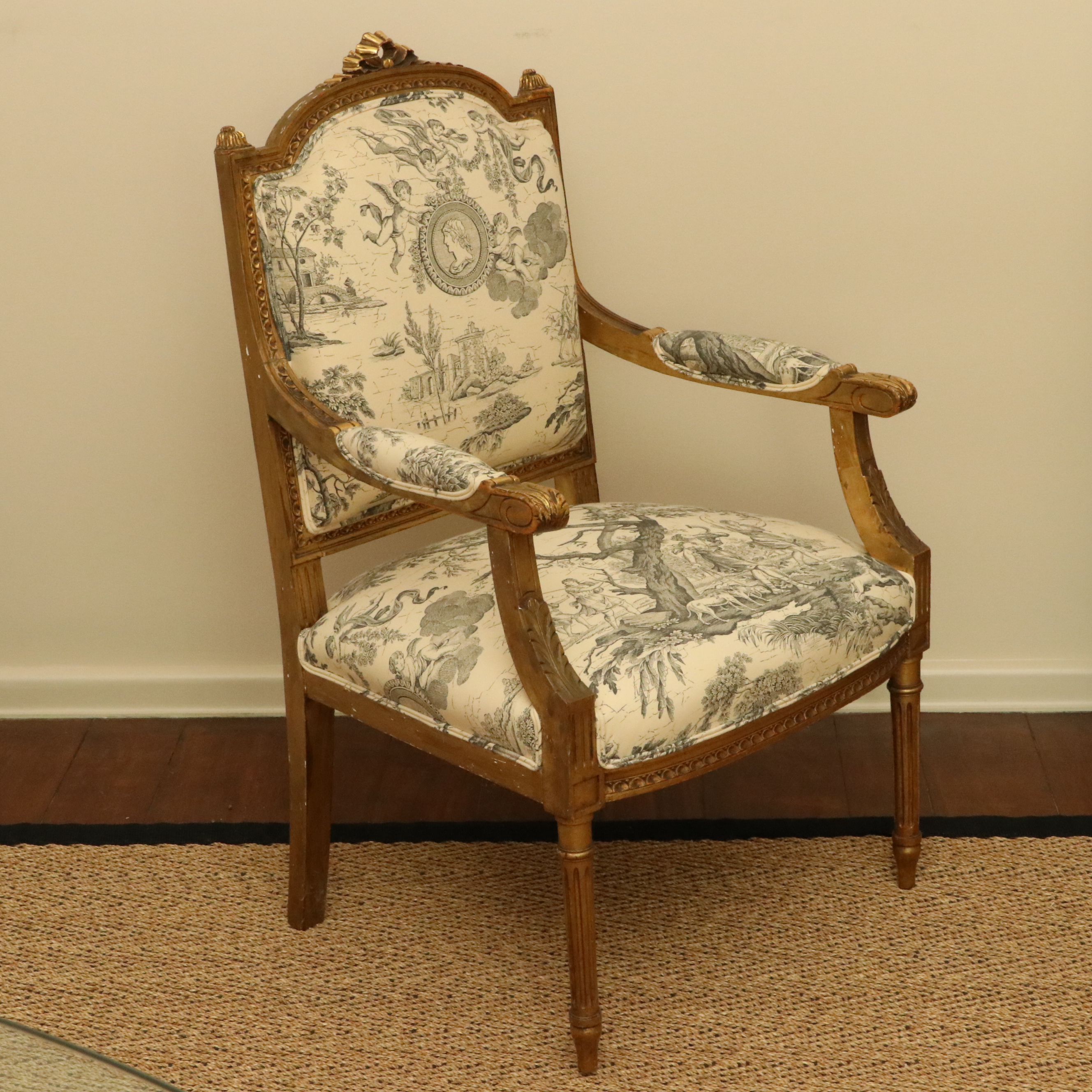 Louis XVI Style Giltwood and Toile Fabric Dining Chairs, Late 19th/Early 20th C.