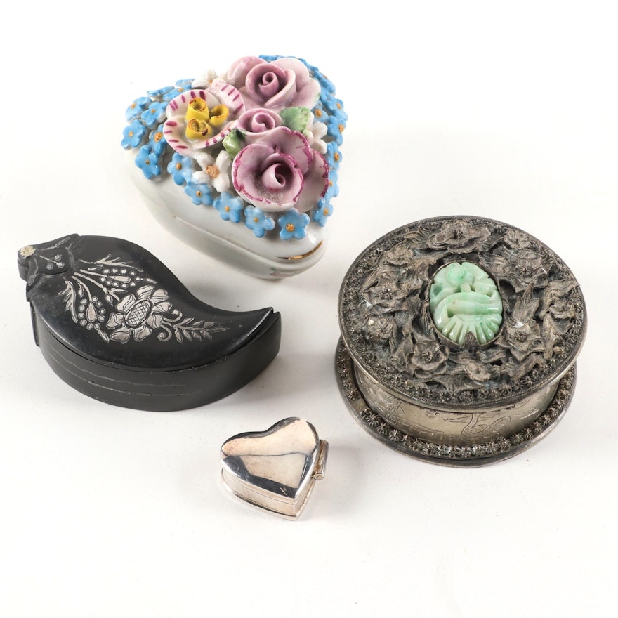 Elfinware Porcelain Heart Box with Sterling Silver and Other Boxes, 20th C.