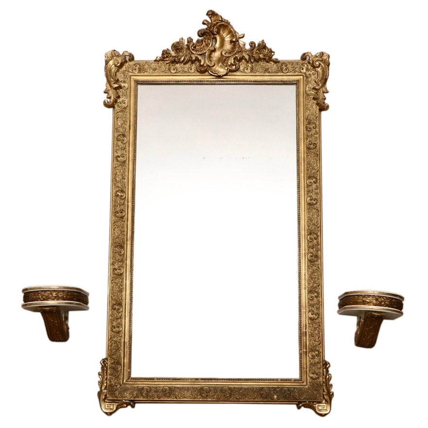 Rococo Revival Style Carved Giltwood and Gesso Entry Mirror with Corbel Shelves