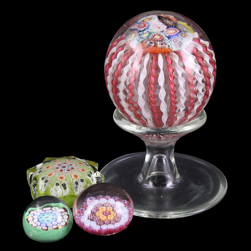 Zanfirico Glass Pedestal Paperweight and Other Cane Millefiori Paperweights