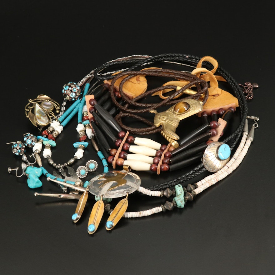 Western Themed Jewelry Including Sterling, Turquoise and Abalone