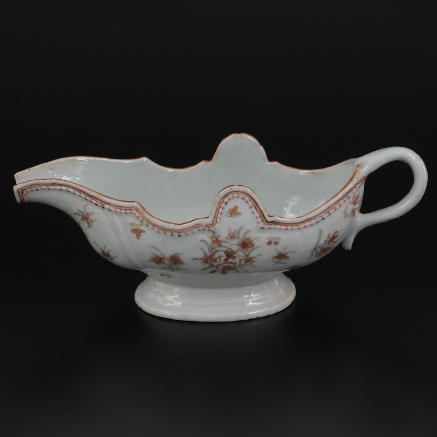 Chinese Export Hand-Painted Porcelain Sauce Boat, Late 18th/ Early 19th Century