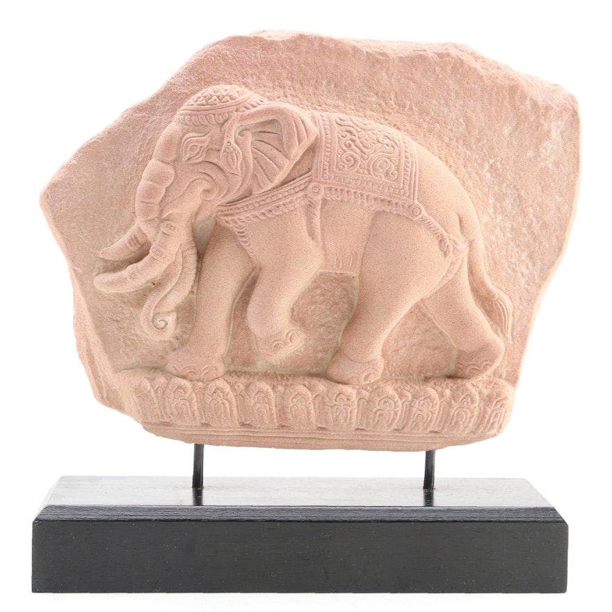 Asian Style Elephant Stone Bas Relief on Wooden Base, Late 20th Century