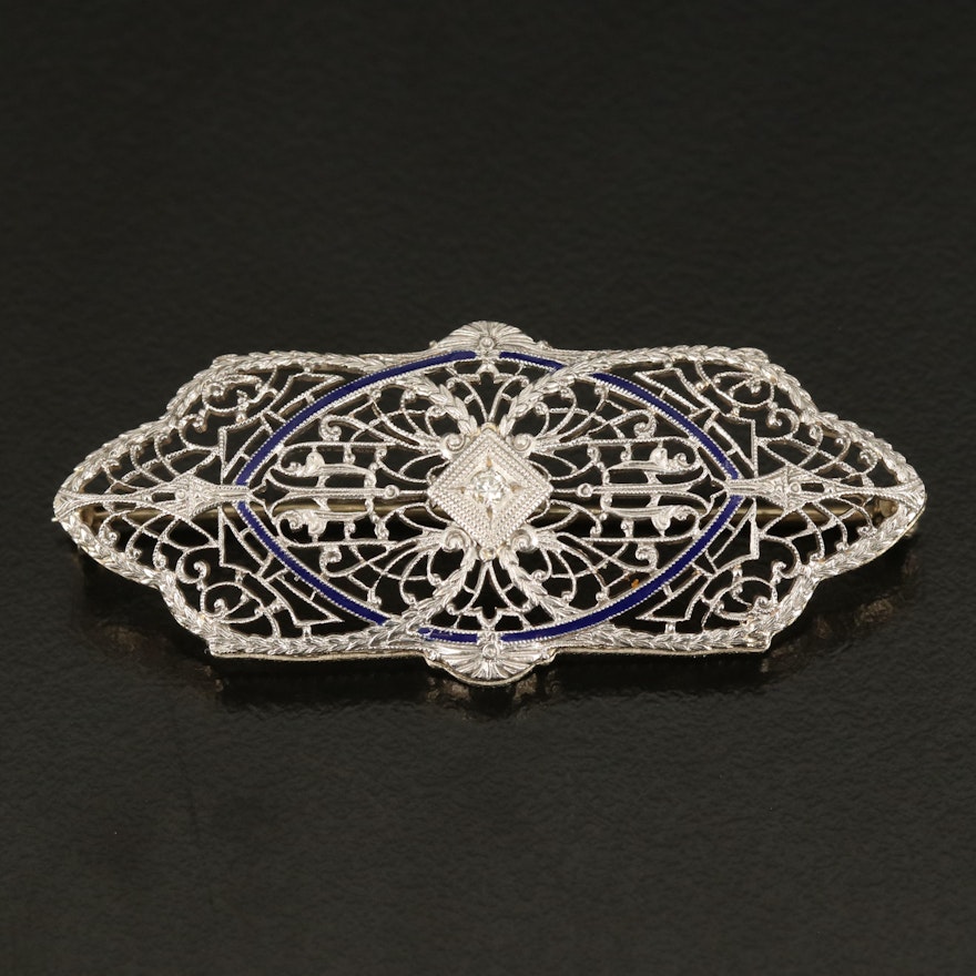 Edwardian 14K 0.02 CT Diamond and Enamel Brooch with Platinum Accents