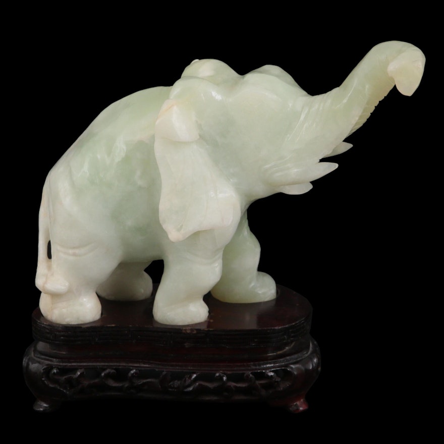 Carved Calcite Elephant Figurine with Wooden Base