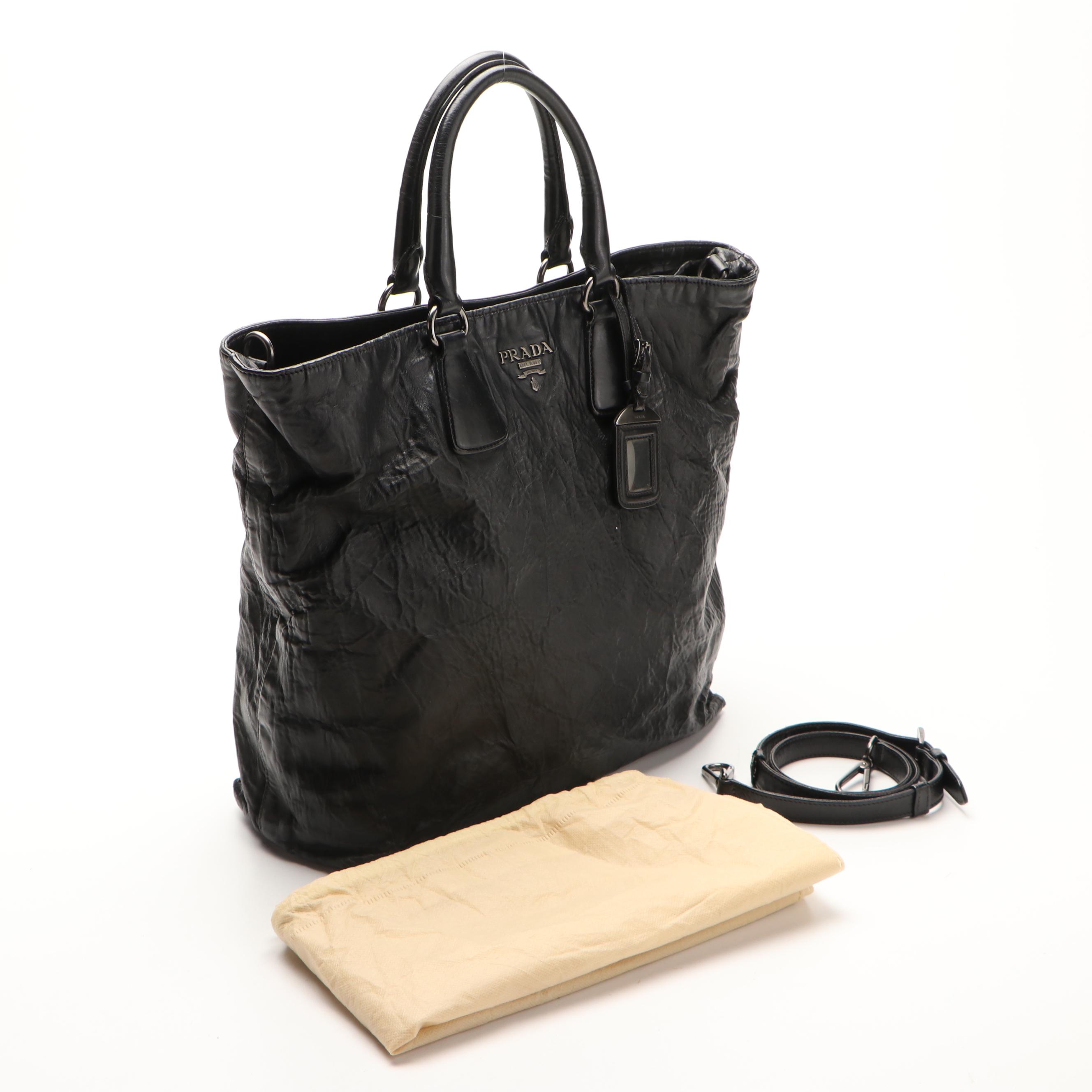 Prada Two-Way Shopping Tote in Black Nappa Antique Leather