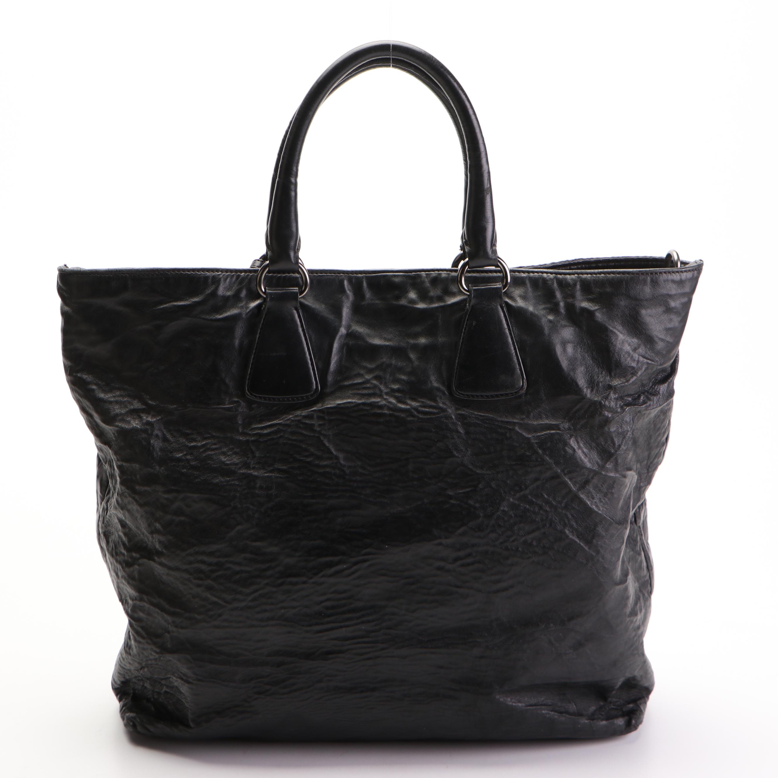 Prada Two-Way Shopping Tote in Black Nappa Antique Leather