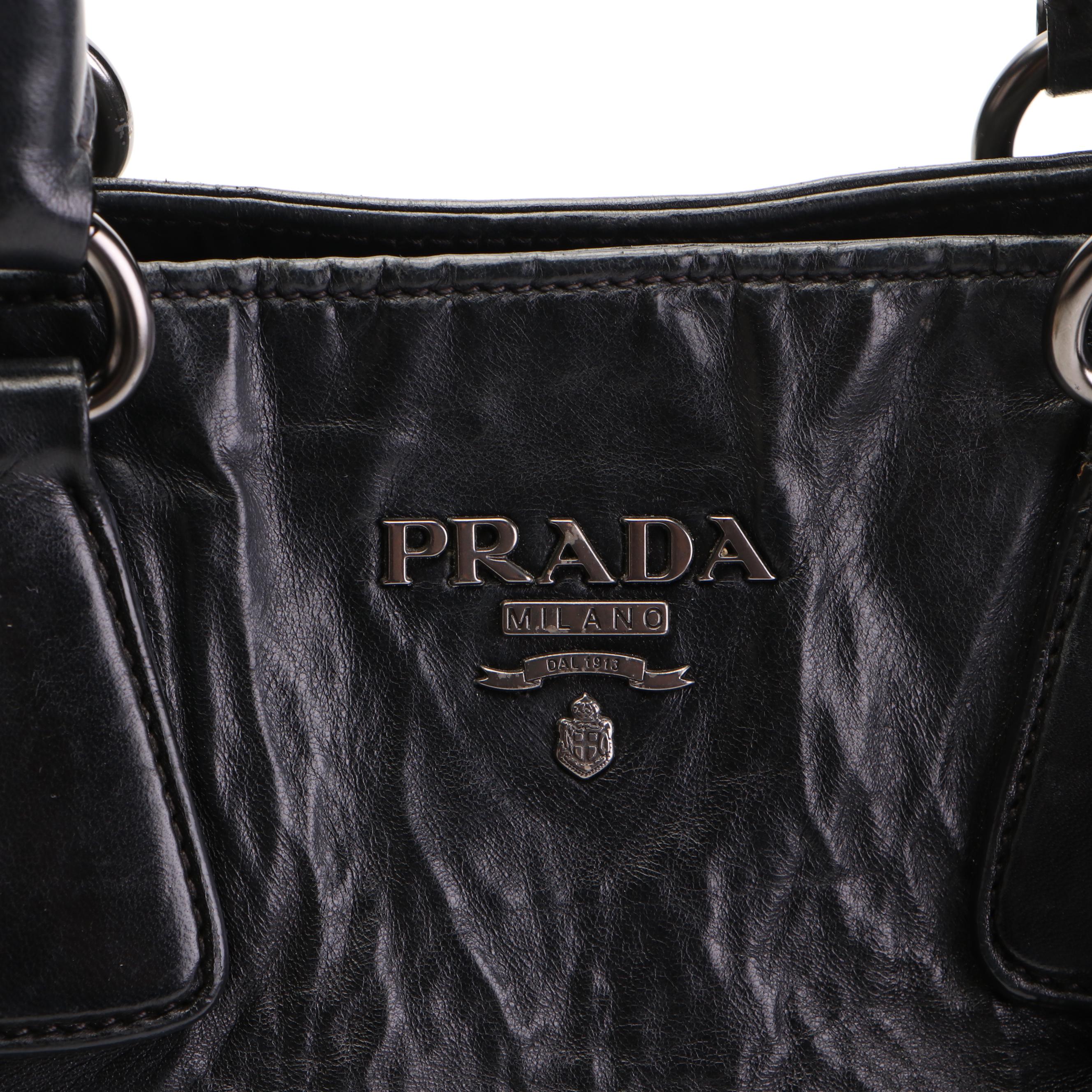 Prada Two-Way Shopping Tote in Black Nappa Antique Leather
