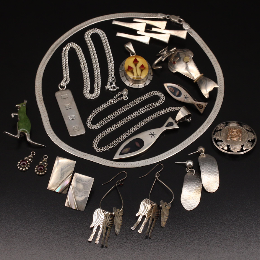 Taxco Mexico Sterling Fish Pin and Pendant Featured with Sterling Jewelry