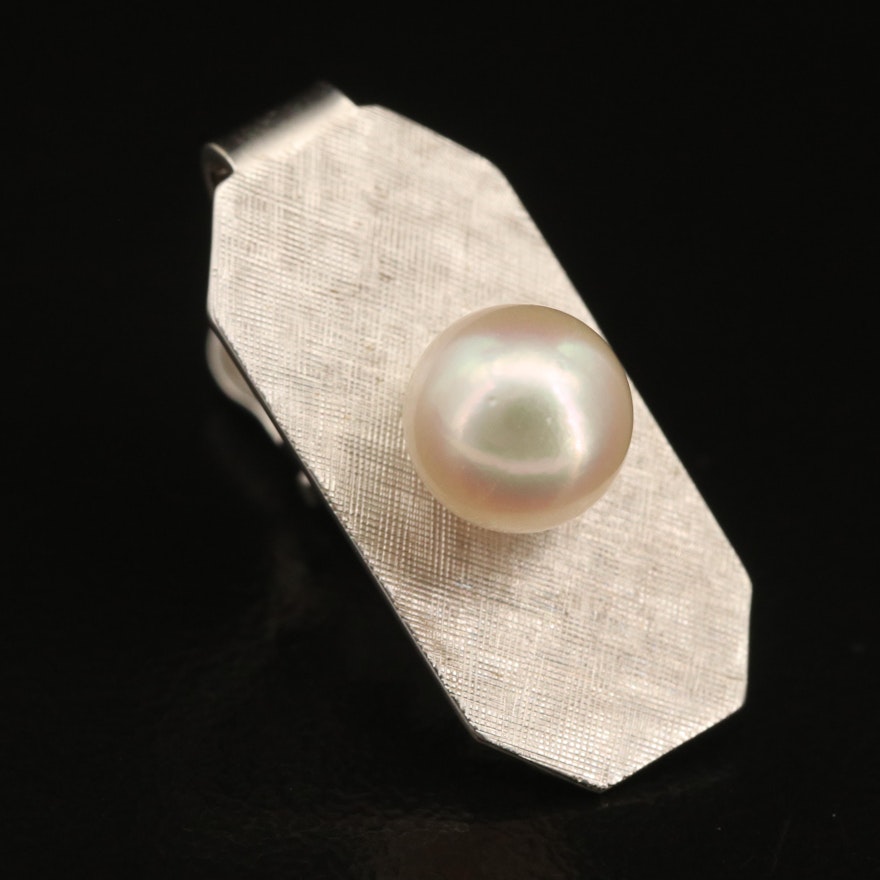 Vintage 14K Pearl Tie Clip with Florentine Finish