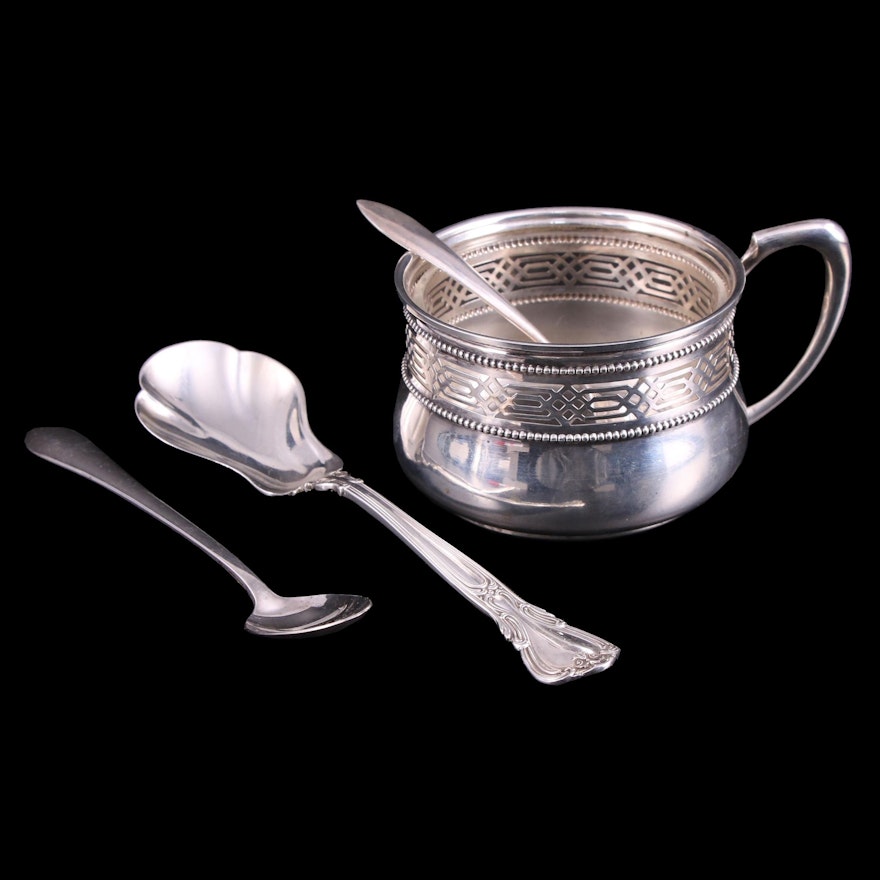 Wilhelm Binder German 800 Silver Condiment Jar and Other Sterling Silver Spoons