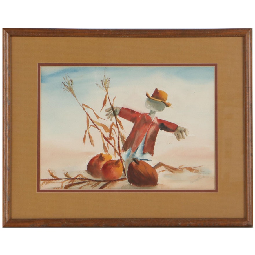 Watercolor Painting of Scarecrow and Pumpkins, Late 20th Century