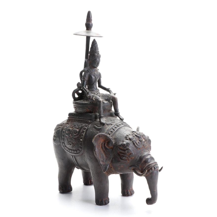 Indian Hindu Bronze Murti of Deity Indra Riding His Airavata Elephant