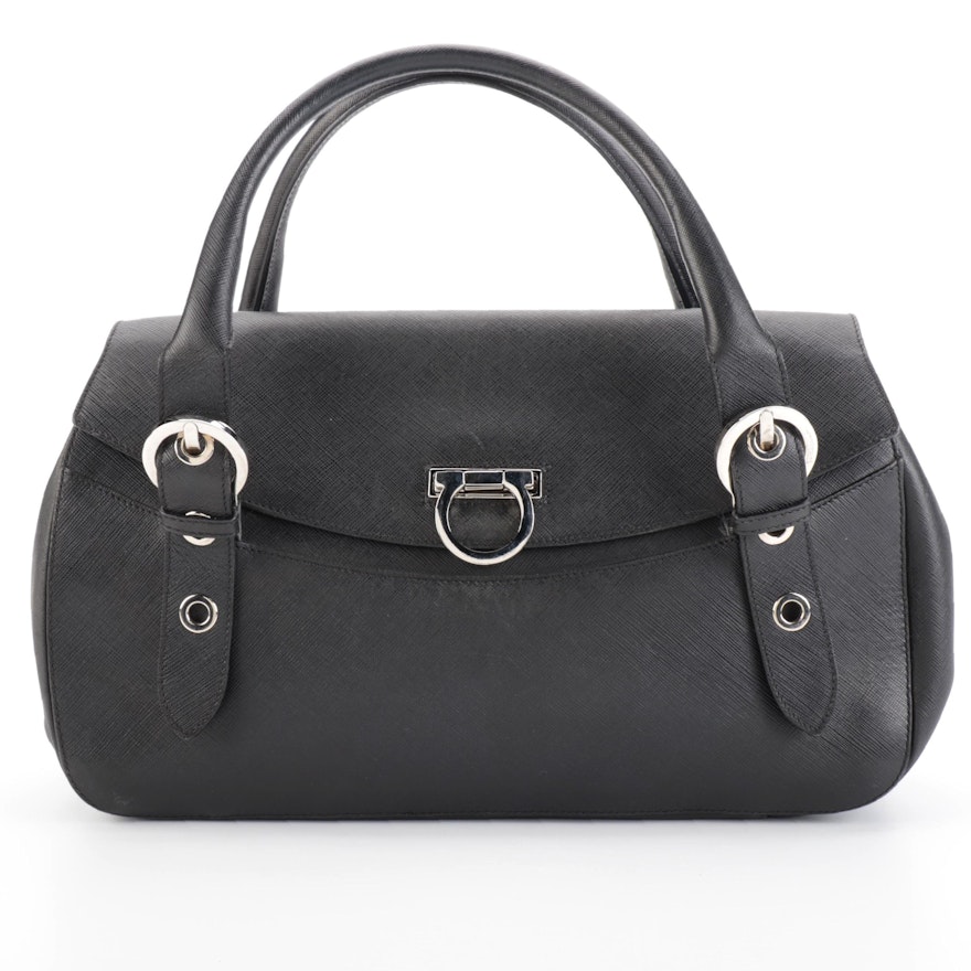 Salvatore Ferragamo Gancini Handbag in Black Saffiano Leather