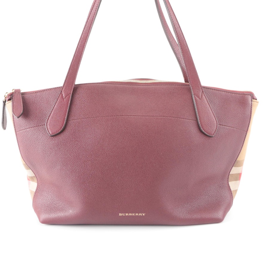 Burberry Welburn Tote Large in Burgundy Grained Leather and "House Check" Twill