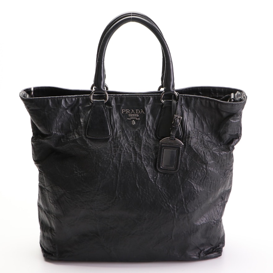 Prada Two-Way Shopping Tote in Black Nappa Antique Leather