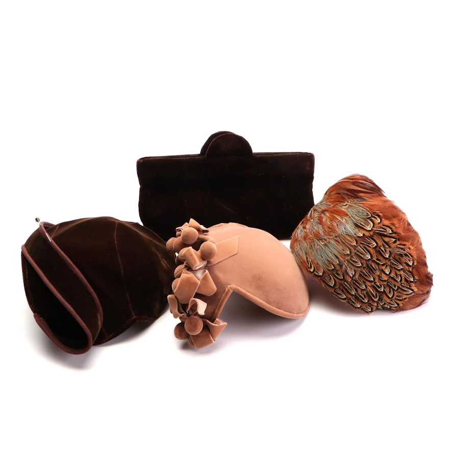 Jana Velvet Clutch with Betmar, Jonquil and Lucielle's Crescent Hats and Hat Box