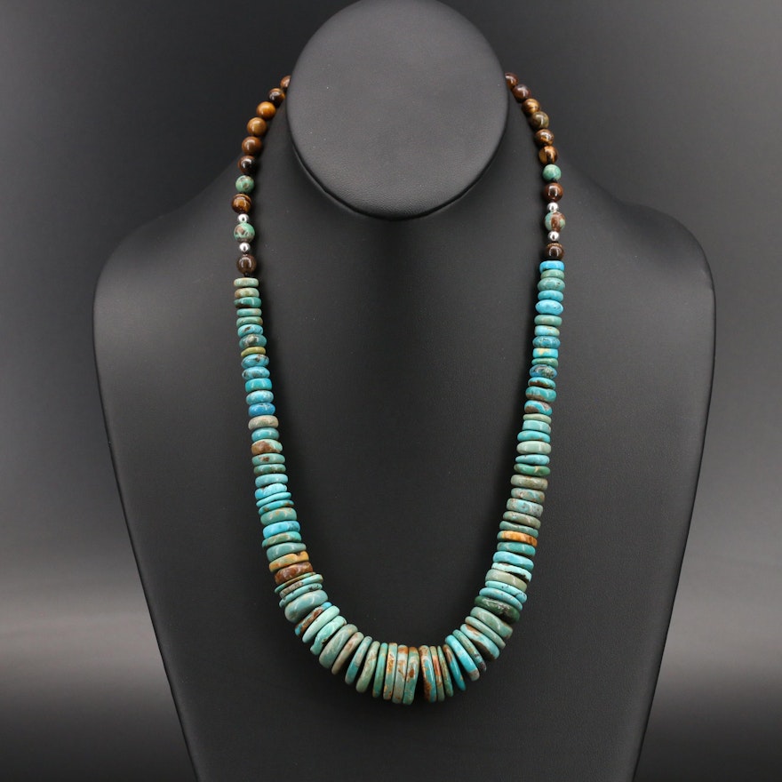 Graduated Coin Turquoise and Tiger's Eye Sterling Necklace