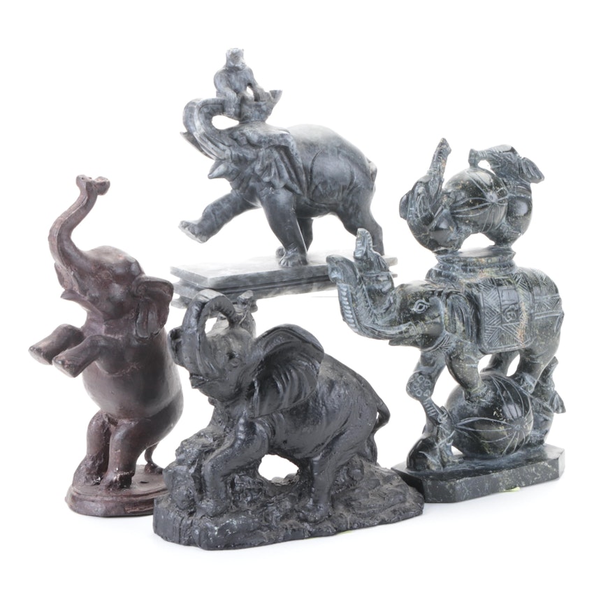 Carved Soapstone Circus Elephant Figurines with Coal and Cast Brass Elephants