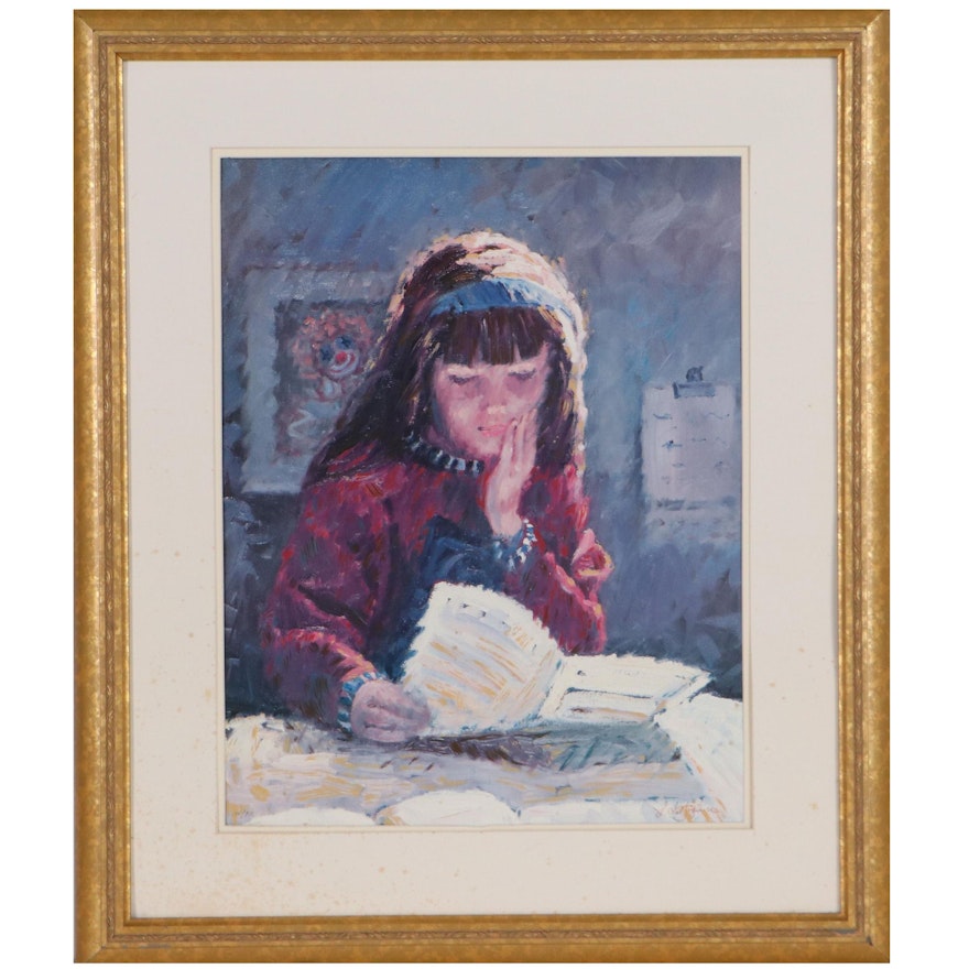 Embellished Offset Lithograph of Young Girl Reading, Late 20th Century