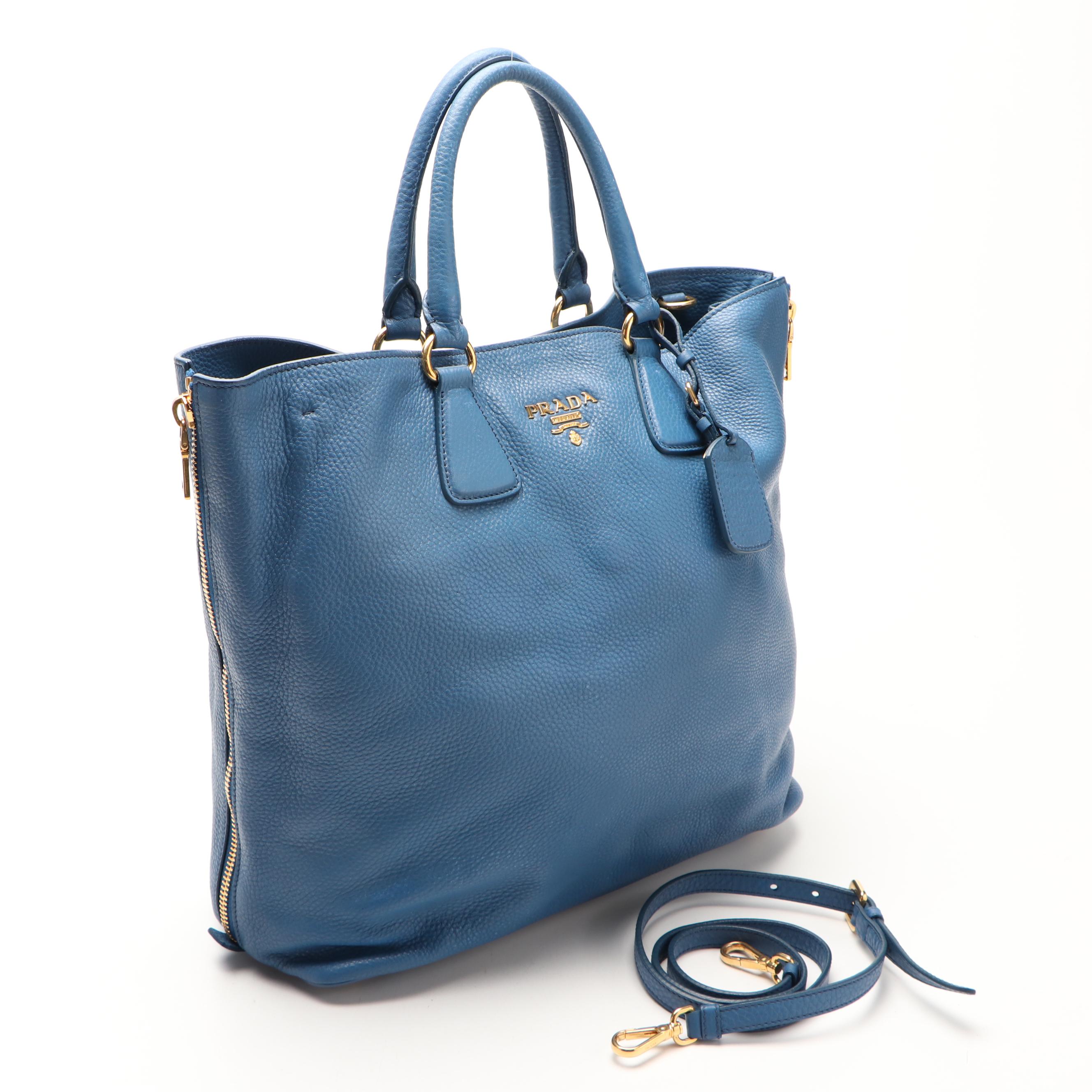 Prada Blue Vitello Daino Leather Side Zip Convertible Tote